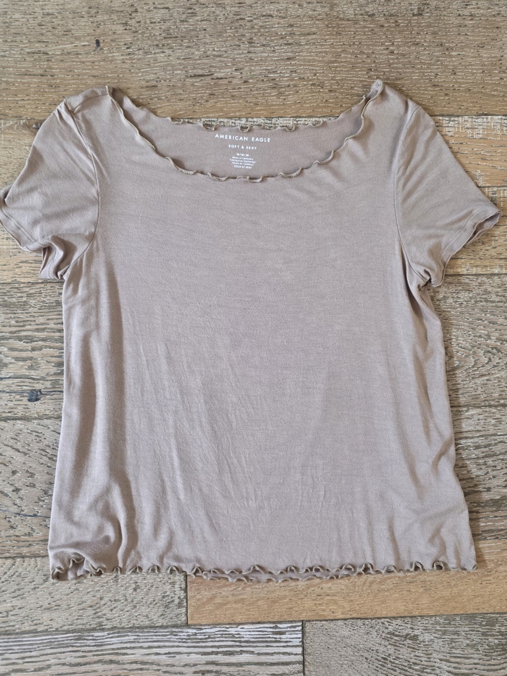 American Eagle Soft & Sexy Lettuce Edge Short Sleeve Tee in nude tan